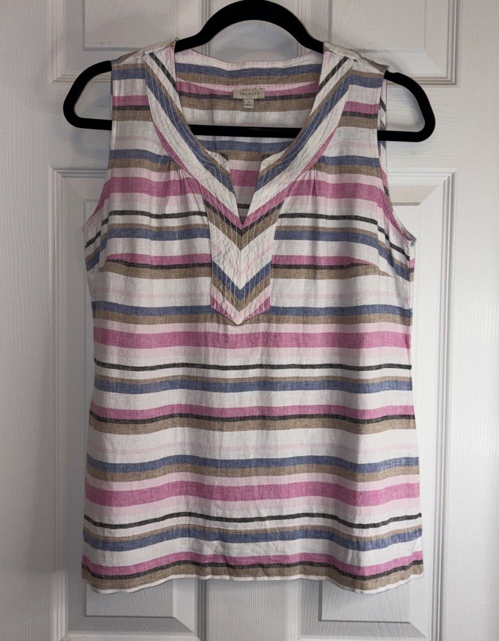 Talbots Blouse Split Neck Popover Sleeveless Top Stripe Multi Linen Sizes S
